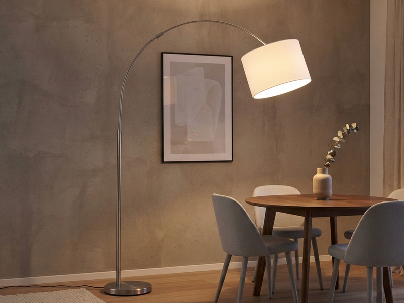 Große Bogenlampe höhenverstellbar von 150-215cm, Stoffschirm Weiß mit E27 LED