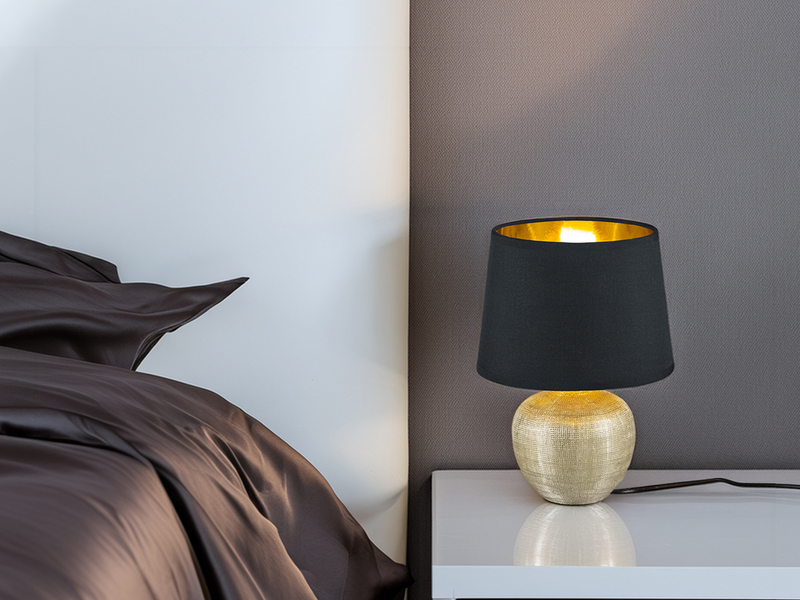 Tischleuchte LUXOR Keramik mit Stoffschirm Schwarz / Gold, Höhe 26cm