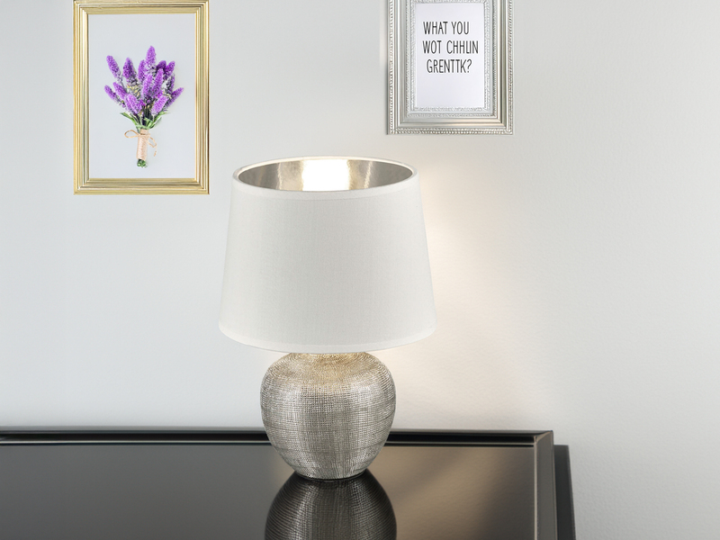 Tischleuchte LUXOR Keramik mit Stoffschirm Weiß / Silber, Höhe 26cm