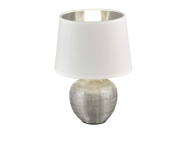 LED Tischleuchte Keramik mit Stoffschirm Weiß innen Silber, Höhe 35cm