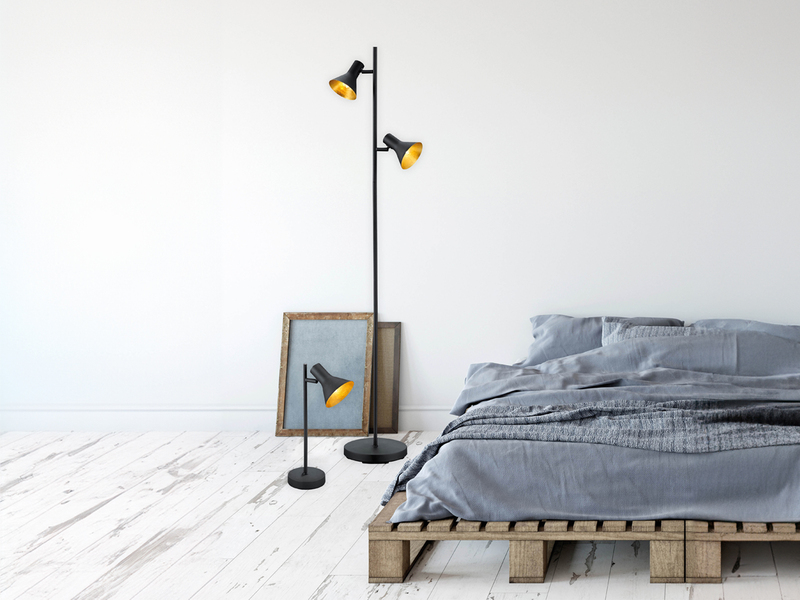 Stehleuchte NINA aus Metall Schwarz + Goldfarbig 2 Spots dreh+schwenkbar, 144cm