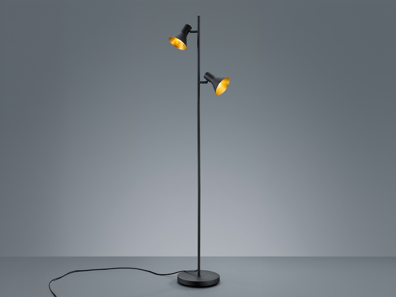 Stehleuchte NINA aus Metall Schwarz + Goldfarbig 2 Spots dreh+schwenkbar, 144cm