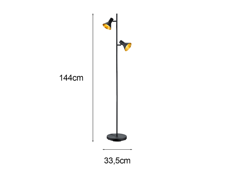 Stehleuchte NINA aus Metall Schwarz + Goldfarbig 2 Spots dreh+schwenkbar, 144cm