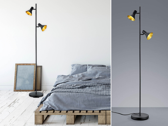 Stehleuchte NINA aus Metall Schwarz + Goldfarbig 2 Spots dreh+schwenkbar, 144cm