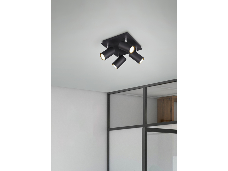 Deckenstrahler Schwarz 4-flammig, mit GU10 LED, Quadrat 24cm
