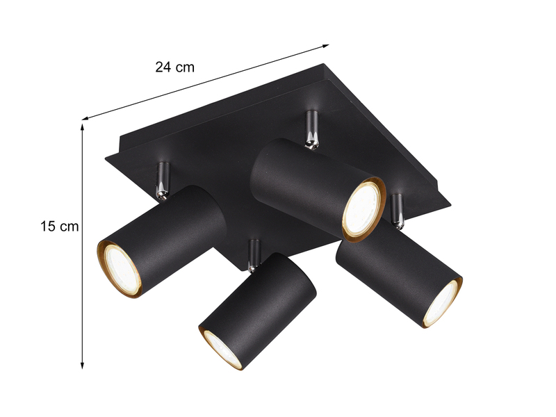 Deckenstrahler Schwarz 4-flammig, mit GU10 LED, Quadrat 24cm