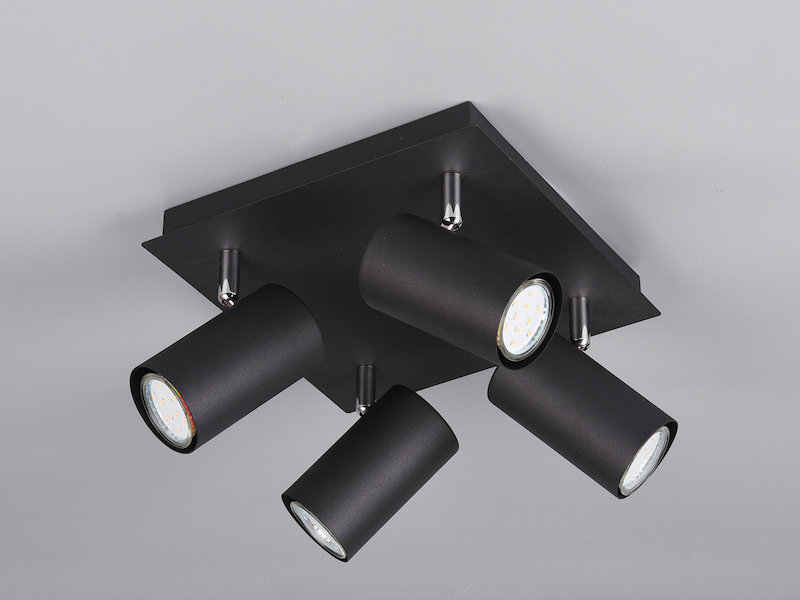 Deckenstrahler Schwarz 4-flammig, mit GU10 LED, Quadrat 24cm
