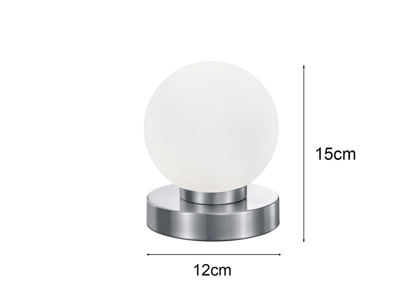 Kleine Touch Tischleuchte Silber mit Glas Kugel Weiß & E14 LED, Höhe 15cm