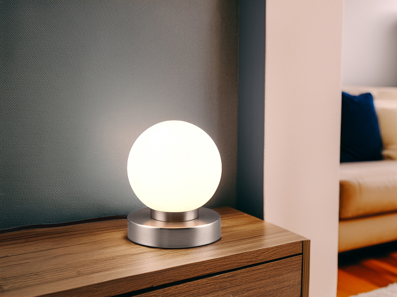 Kleine Touch Tischleuchte Silber mit Glas Kugel Weiß & E14 LED, Höhe 15cm