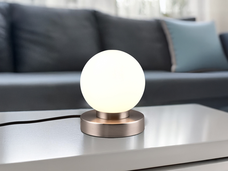 Kleine Touch Tischleuchte Silber mit Glas Kugel Weiß & E14 LED, Höhe 15cm