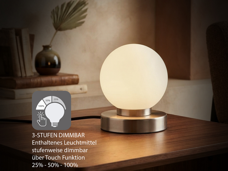 Kleine Touch Tischleuchte Silber mit Glas Kugel Weiß & E14 LED, Höhe 15cm