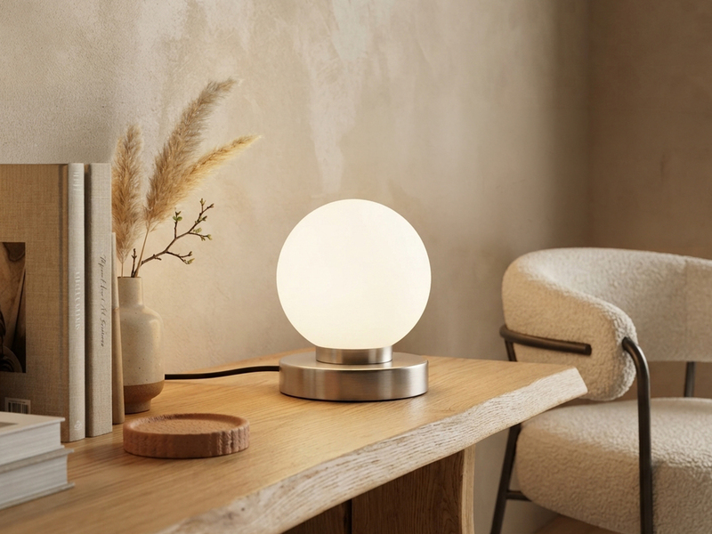 Kleine Touch Tischleuchte Silber mit Glas Kugel Weiß & E14 LED, Höhe 15cm