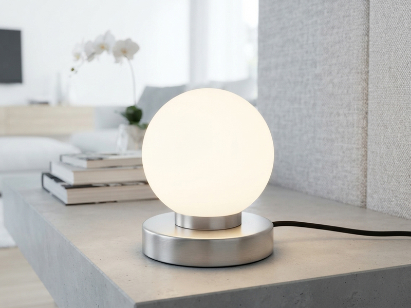 Kleine Touch Tischleuchte Silber mit Glas Kugel Weiß & E14 LED, Höhe 15cm