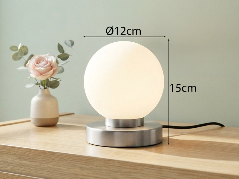 Kleine Touch Tischleuchte Silber mit Glas Kugel Weiß & E14 LED, Höhe 15cm