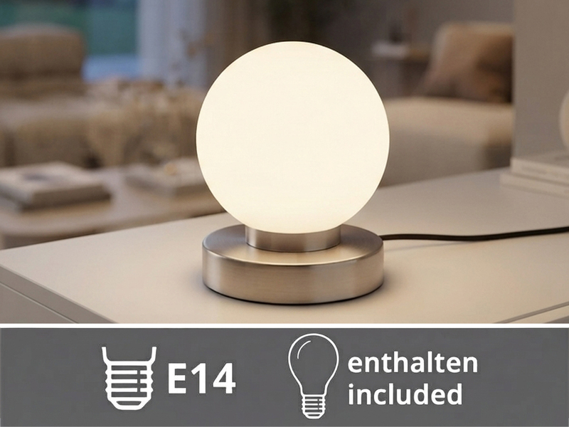 Kleine Touch Tischleuchte Silber mit Glas Kugel Weiß & E14 LED, Höhe 15cm