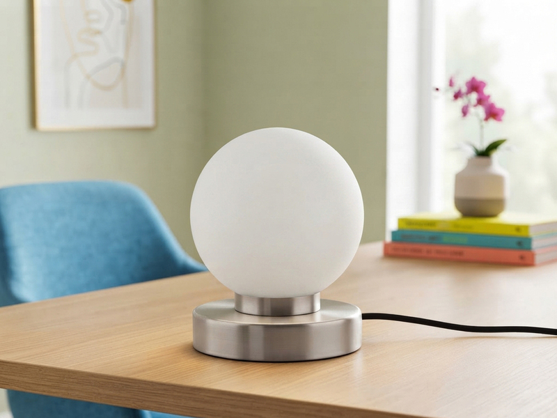 Kleine Touch Tischleuchte Silber mit Glas Kugel Weiß & E14 LED, Höhe 15cm