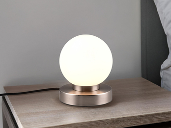 Kleine Touch Tischleuchte Silber mit Glas Kugel Weiß & E14 LED, Höhe 15cm