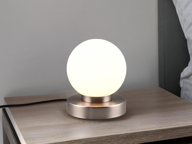 Kleine Touch Tischleuchte Silber mit Glas Kugel Weiß & E14 LED, Höhe 15cm