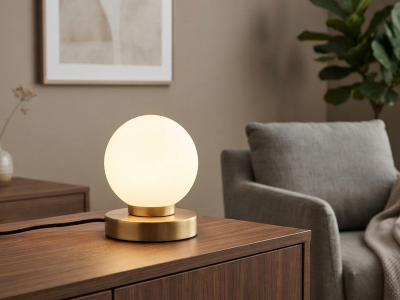 Kleine Touch Tischleuchte Messing mit Glas Kugel Weiß & E14 LED, Höhe 15cm