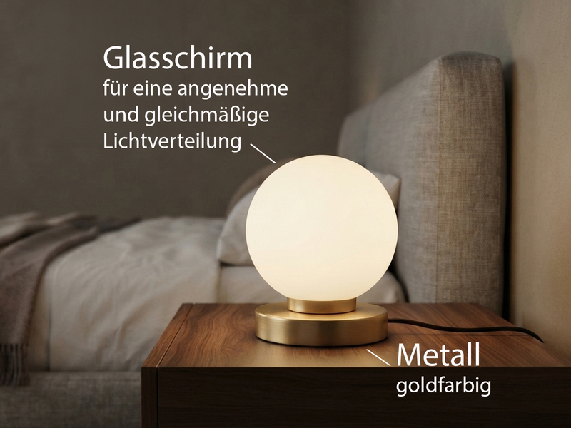 Kleine Touch Tischleuchte Messing mit Glas Kugel Weiß & E14 LED, Höhe 15cm