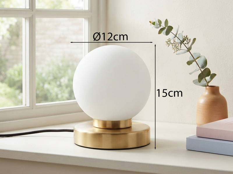 Kleine Touch Tischleuchte Messing mit Glas Kugel Weiß & E14 LED, Höhe 15cm