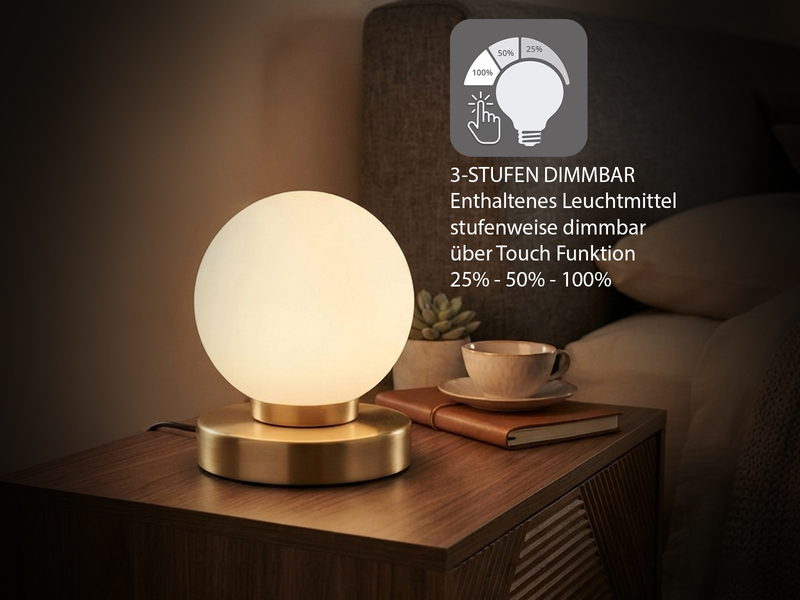 Kleine Touch Tischleuchte Messing mit Glas Kugel Weiß & E14 LED, Höhe 15cm