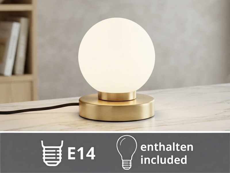 Kleine Touch Tischleuchte Messing mit Glas Kugel Weiß & E14 LED, Höhe 15cm