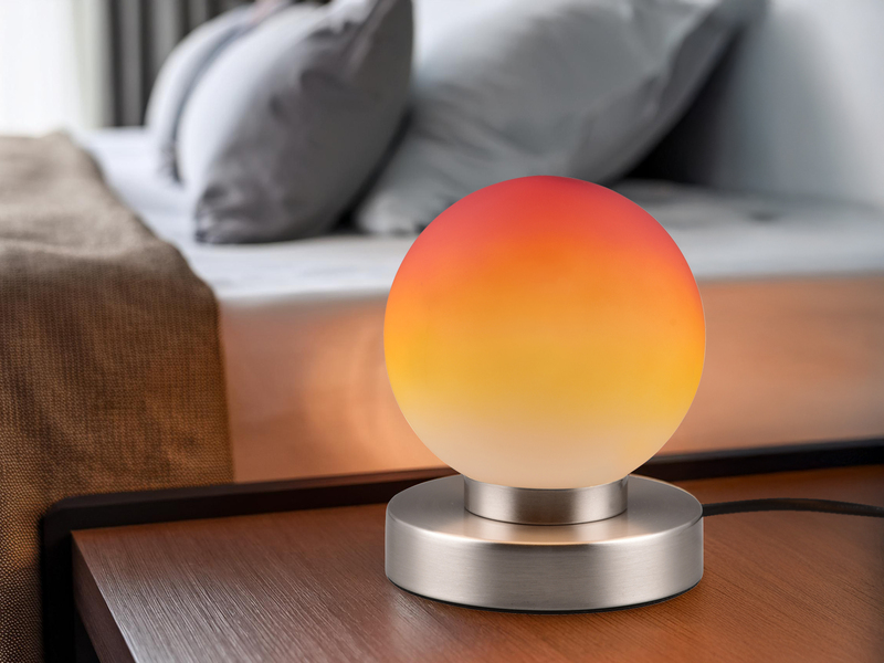 Kleine Touch Tischleuchte Silber mit Glas Kugel Orange & E14 LED, Höhe 15cm