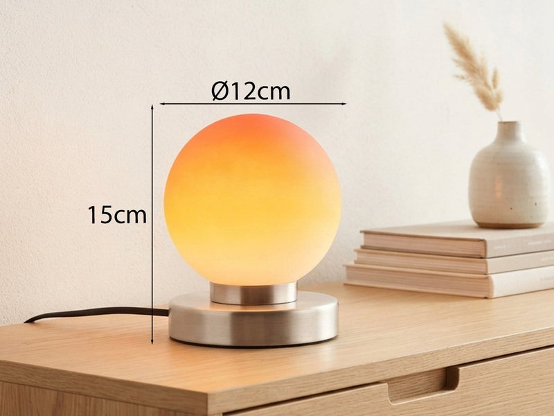 Kleine Touch Tischleuchte Silber mit Glas Kugel Orange & E14 LED, Höhe 15cm