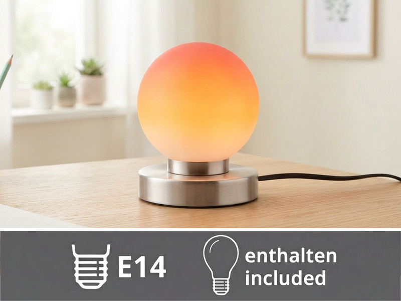 Kleine Touch Tischleuchte Silber mit Glas Kugel Orange & E14 LED, Höhe 15cm