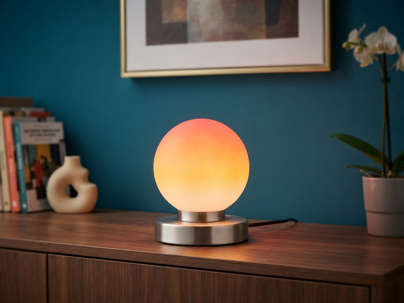 Kleine Touch Tischleuchte Silber mit Glas Kugel Orange & E14 LED, Höhe 15cm