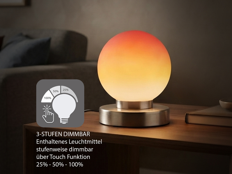 Kleine Touch Tischleuchte Silber mit Glas Kugel Orange & E14 LED, Höhe 15cm