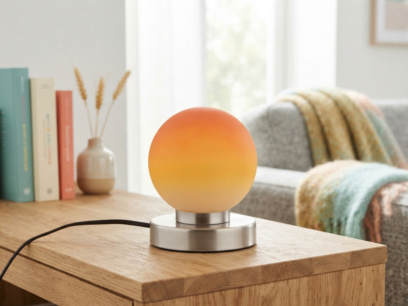 Kleine Touch Tischleuchte Silber mit Glas Kugel Orange & E14 LED, Höhe 15cm