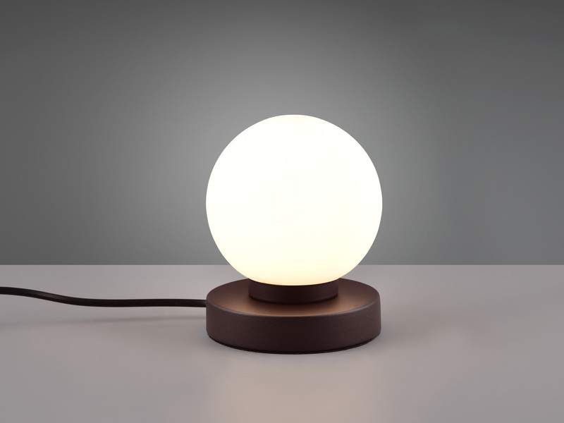Kleine Touch Tischleuchte Rostoptik mit Glas Kugel Weiß & E14 LED, Höhe 15cm
