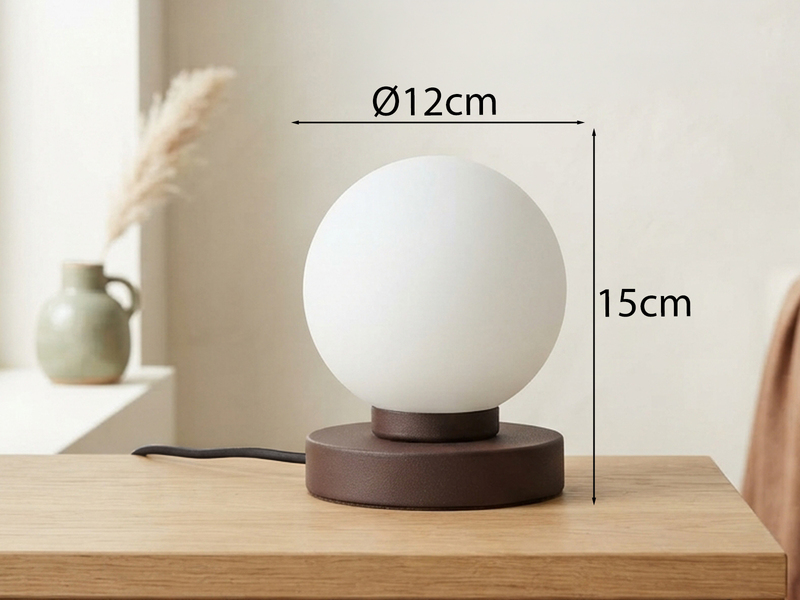 Kleine Touch Tischleuchte Rostoptik mit Glas Kugel Weiß & E14 LED, Höhe 15cm