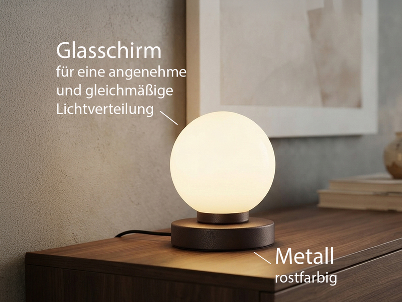 Kleine Touch Tischleuchte Rostoptik mit Glas Kugel Weiß & E14 LED, Höhe 15cm