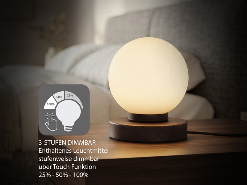 Kleine Touch Tischleuchte Rostoptik mit Glas Kugel Weiß & E14 LED, Höhe 15cm