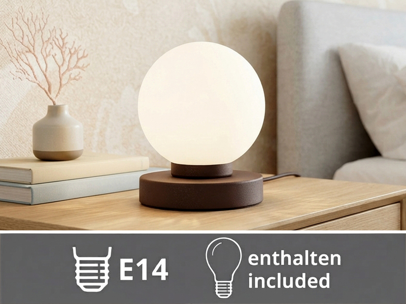 Kleine Touch Tischleuchte Rostoptik mit Glas Kugel Weiß & E14 LED, Höhe 15cm