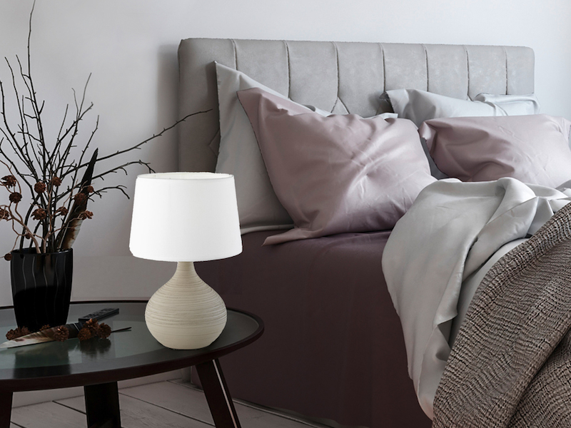 Tischlampe MARTIN mit Keramikfuß Beige & Stoffschirm Weiß, Höhe 29cm