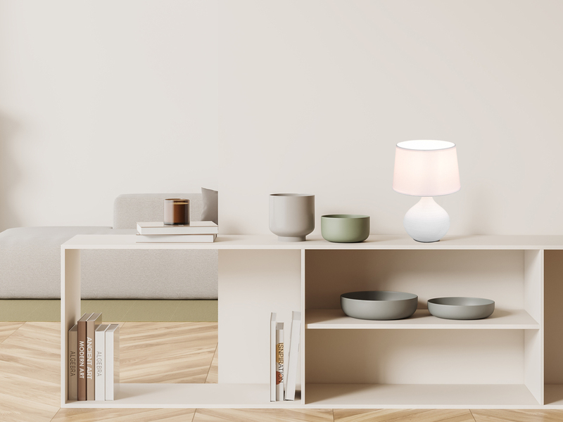 LED Tischleuchte mit Keramikfuß Weiß & Stoffschirm Weiß, Höhe 29cm