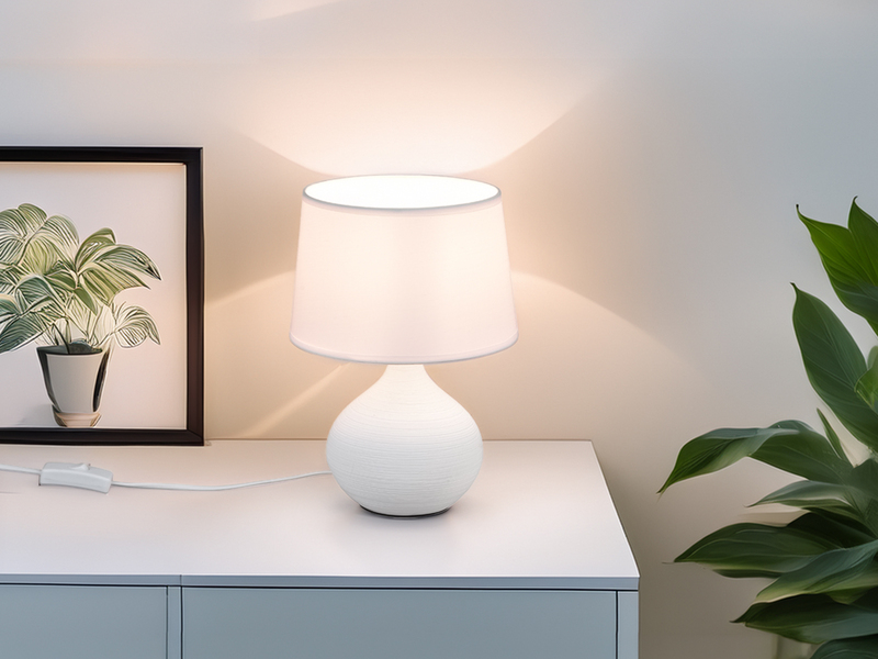 LED Tischleuchte mit Keramikfuß Weiß & Stoffschirm Weiß, Höhe 29cm