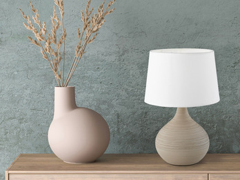 LED Tischleuchte mit Keramikfuß Beige & Stoffschirm Weiß, Höhe 29cm