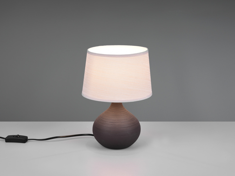 LED Tischleuchte Keramik Braun mit Stoff Lampenschirm Creme, Höhe 29cm