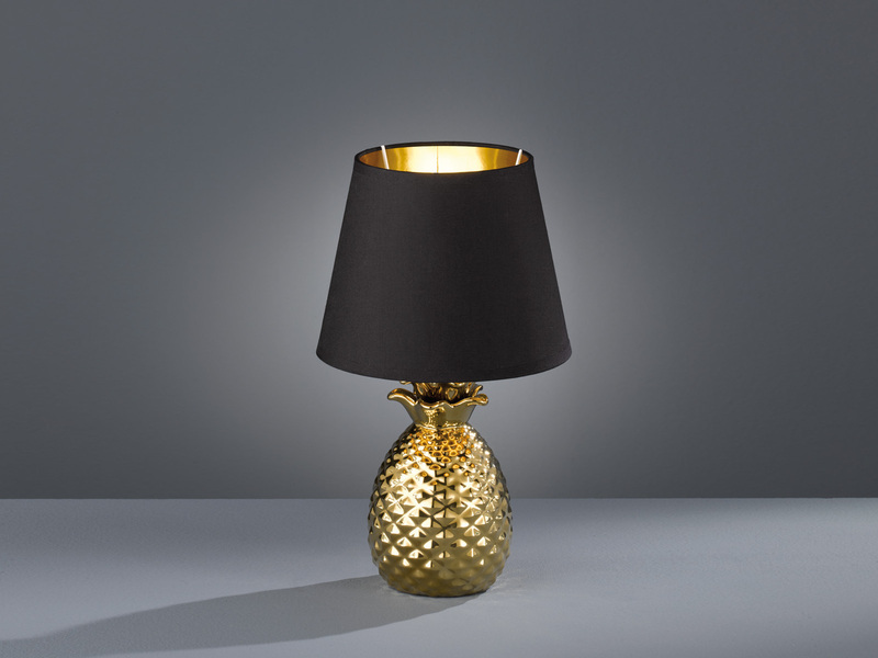 Tischleuchte PINEAPPLE Ananas Gold mit Stoffschirm Schwarz Gold, Höhe 35cm