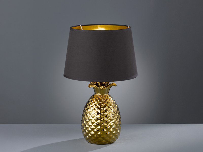 Tischleuchte PINEAPPLE Ananas Gold mit Stoffschirm Schwarz Gold, Höhe 43cm
