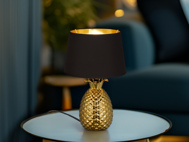 Tischleuchte PINEAPPLE Ananas Gold mit Stoffschirm Schwarz Gold, Höhe 43cm