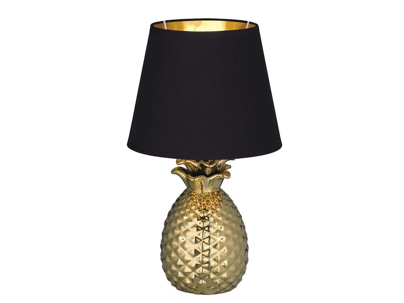 LED Tischleuchte Keramik Ananas Gold mit Stoffschirm Schwarz Gold, Höhe 35cm
