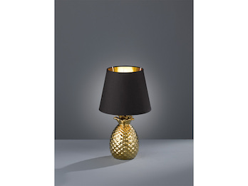 LED Tischleuchte aus Keramik im Ananas Design Gold, Stoffschirm Schwarz Ø20cm