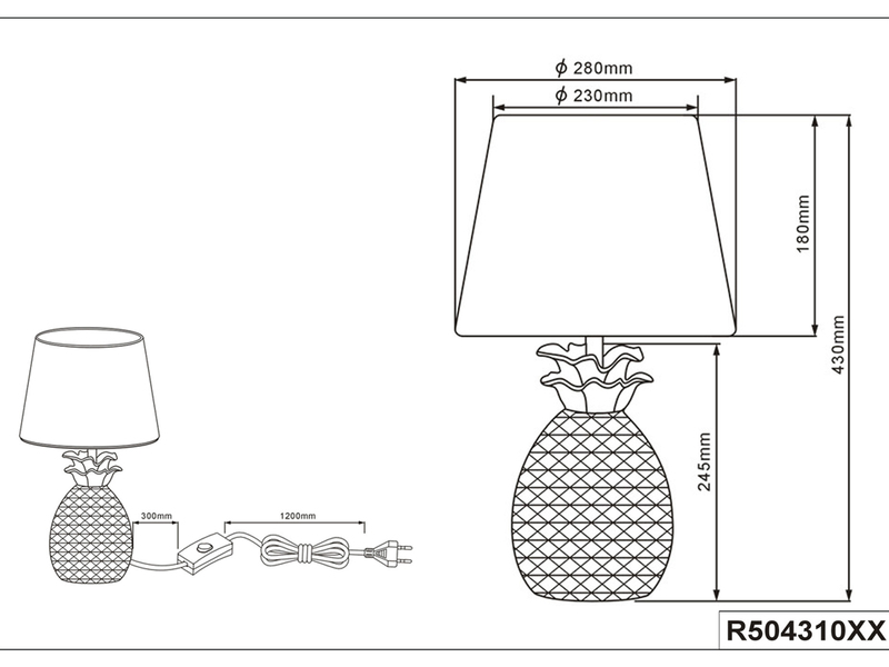 LED Tischleuchte Keramik Ananas Gold mit Stoffschirm Schwarz Gold, Höhe 43cm