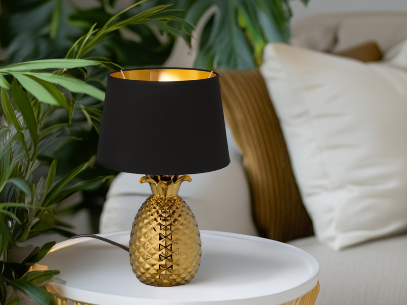 LED Tischleuchte Keramik Ananas Gold mit Stoffschirm Schwarz Gold, Höhe 43cm